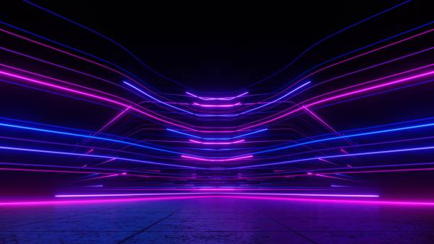 istock 3d render, Futuristic neon lights in purple and blue creating dynamic and vibrant tunnel 2201911624
