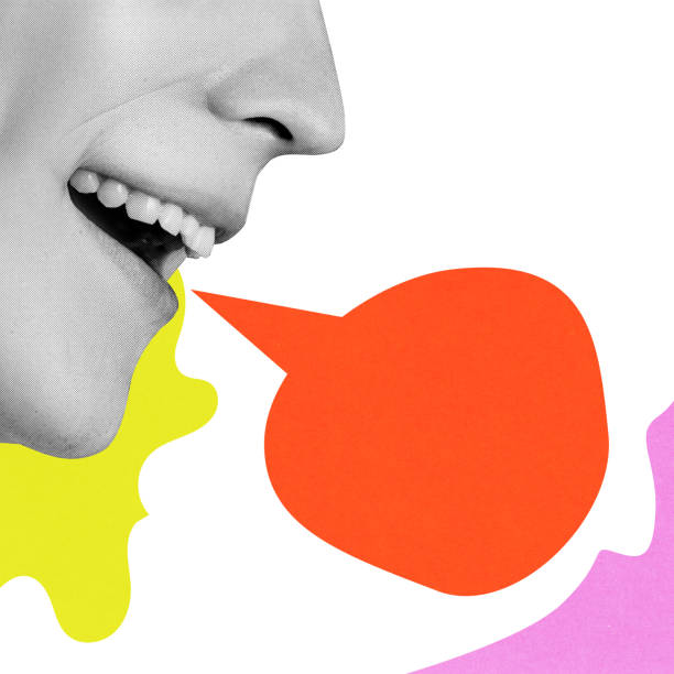 istock Conceptual graphic design. Close-up face smiling, orange speech bubble emerging against abstract yellow and pink shapes, visually amplifying expressive conversation. 2201911683