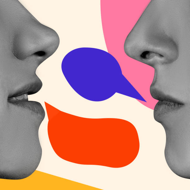 istock Conceptual graphic design. Two faces close together, black-and-white, speaking with colorful speech bubbles in surreal abstract representation of dialogue. 2201911687