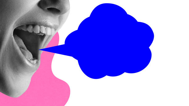 istock Conceptual graphic design. Black-and-white face shouting, large blue thought bubble emerging, surrounded by abstract pink shapes, representing voice and ideas. 2201911694