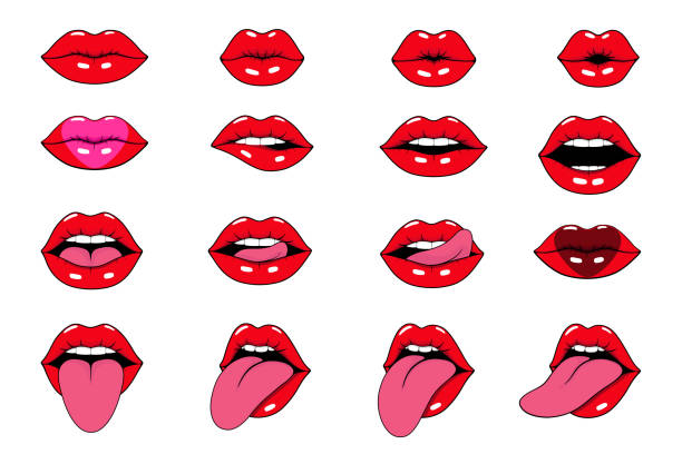 A set of isolated illustrations of red lips in retro comic style in pop art style. A girl with red lips smiles beautifully, kisses, sticks out her tongue, red lips with expressive emotions.