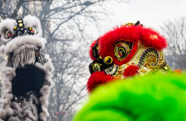 Paris, France - February, 9th, 2025: A group of colorful lion dancers parades through the streets of Paris, celebrating Chinese New Year, Year of the Snake with energy and tradition.