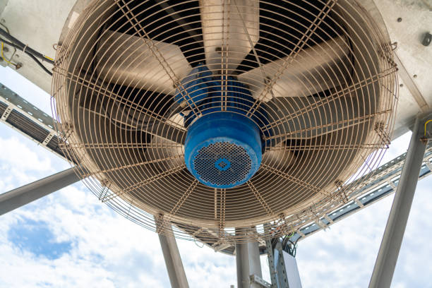 Close-up view of a powerful industrial fan showcasing engineering design and ventilation efficiency.