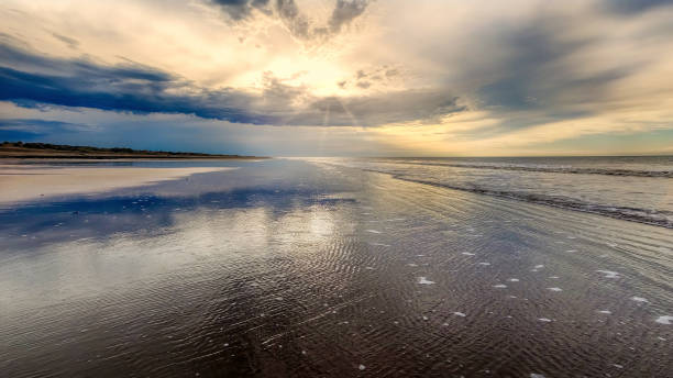 Tranquil Beach Scene with Gentle Waves Reflecting the Golden Sunset, Perfect for Summer Vacation and Travel-themed Projects