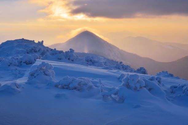 istock Incredible landscape with snow-covered spruces and mountain peak 2201921029