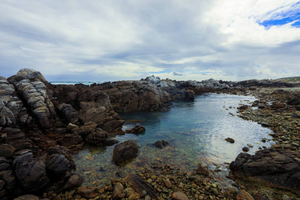 Rocky shoreline meets calm waters in South Africa, showcasing natures beauty against a cloudy backdrop.