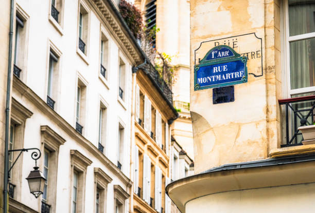 A sign for Rue Montmatre on a corner in central Paris.