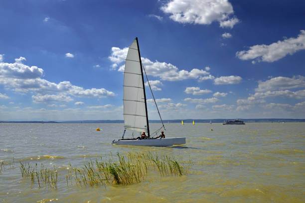 Podersdorf, Austria - Catamaran on Lake Neusiedl (Neusiedler see) or Ferto, the largest endorheic lake in Central Europe, straddling the Austrian-Hungarian border. UNESCO World Heritage