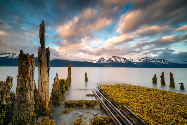 Long exposure of Seward Alaska seascape at dusk