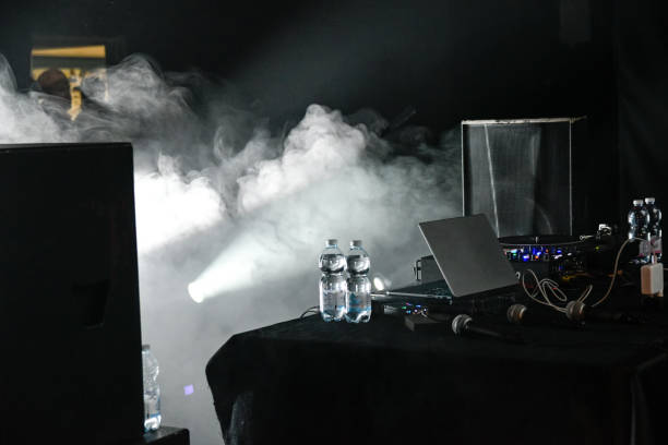 foggy stage with guitars and musicians just before the show begins - Black and white
