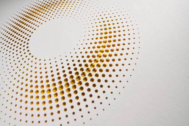 istock Minimalist Cut Paper Artwork with Gradient Circular Pattern of Yellow and Orange Dots on White Background 2201934623
