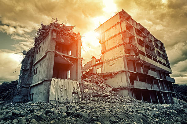 istock Post-apocalyptic destroyed building in city 2201935400