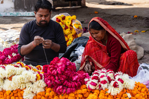 India. Rajasthan. Jaipur. Flower market. An Indian couple makes offering garlands with marigolds and roses commonly used in Indian rituals, festivals and decorations