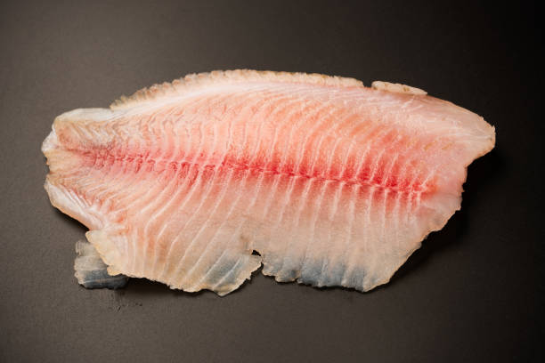 istock Fresh tilapia fillet on black background, top view. 2201944653