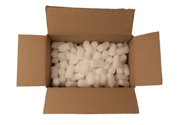 istock Cardboard box and white filling material in it isolated on a white background. 2201945171