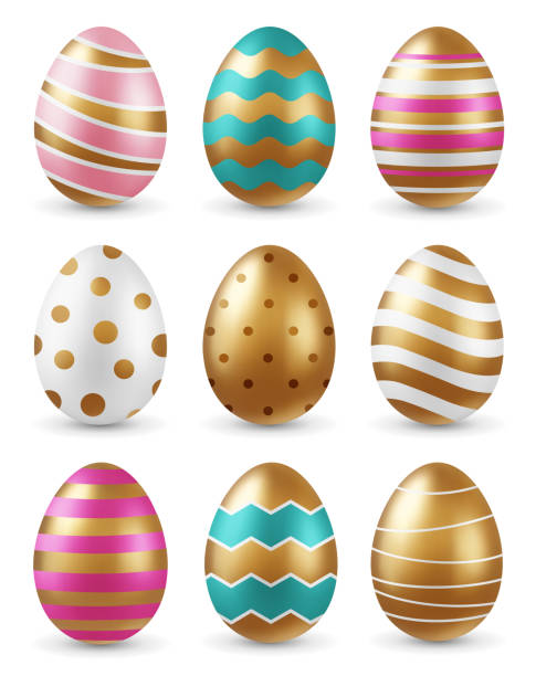 Easter golden decorated Eggs. Golden Easter eggs on white background. easter egg stock illustrations