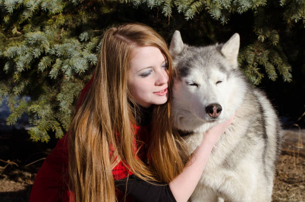 istock Young woman embracing happy husky in sunlit forest 2201953975