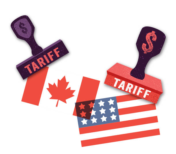 Tariffs Between Canada And United States Tariffs Between United States And Canada. Textured tariffs word with retro rubber stamps and the flags of the United States & Canada. tariff stock illustrations