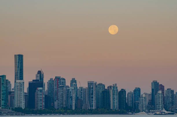 Full moon before moonset with a view of the Vancouver skyline, BC