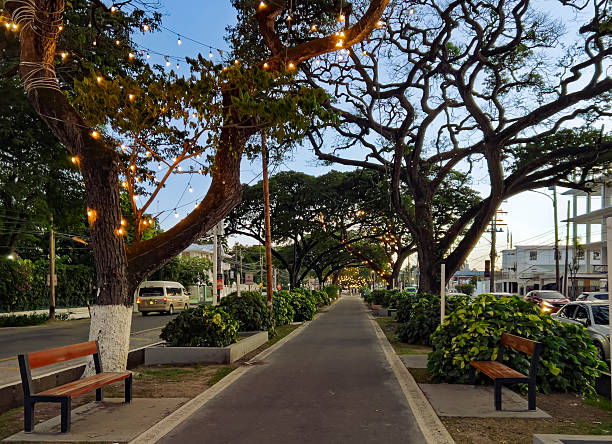 Sunset over the Main Street pedestrian walkway in Georgetown, Guyana