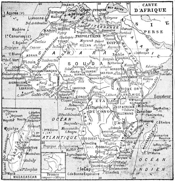 Map of Africa in the 19th century. Map of Africa in the 19th century. Old vintage illustration, 1897 colonies map stock illustrations