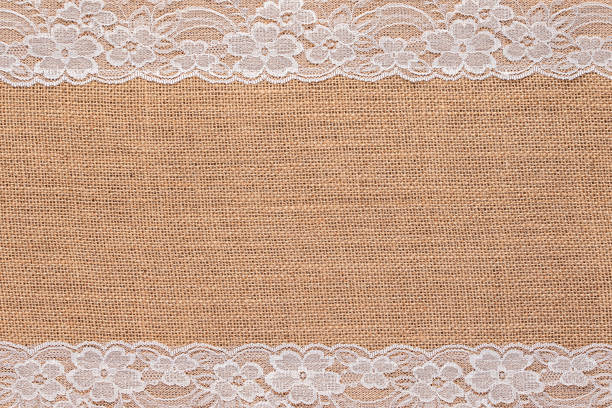 Macro blank photography of  burlap with  lace,  table topper, wedding decor, sackcloth, lacy, sewing, canvas, retro style, vintage