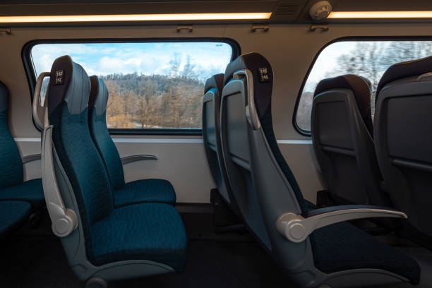 istock side view of seats and windows in a modern double decker train with commuter seats. Train rushing through the countryside, lovely train ride. 2201971864