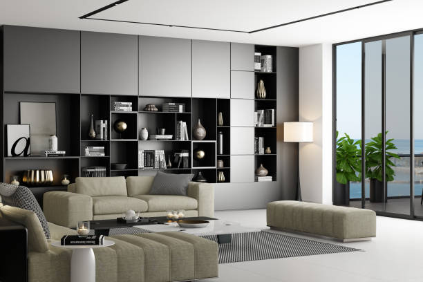 istock Modern Luxury Living Room with Spacious Black Matte Shelves Design 2201972709