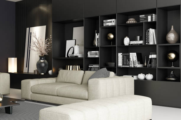 istock Modern Luxury Living Room with Spacious Black Matte Shelves Design 2201972716