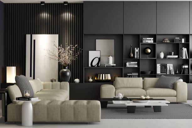 istock Modern Luxury Living Room with Spacious Black Matte Shelves Design 2201972719