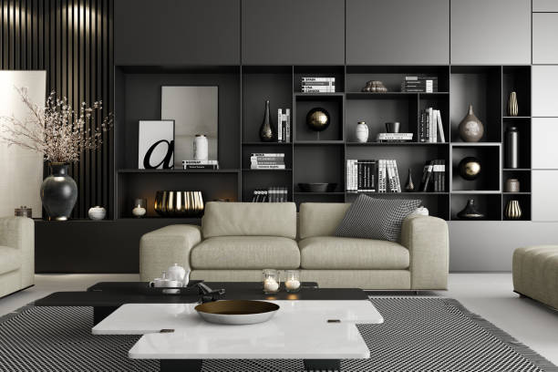 istock Modern Luxury Living Room with Spacious Black Matte Shelves Design 2201972740