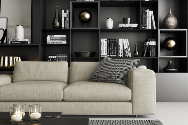 istock Modern Luxury Living Room with Spacious Black Matte Shelves Design 2201972741