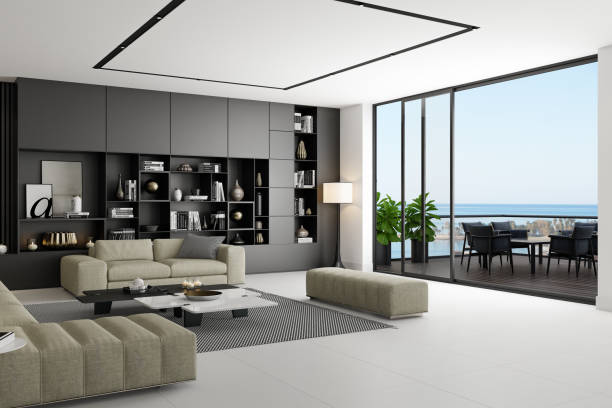 istock Modern Luxury Living Room with Spacious Black Matte Shelves Design 2201972743