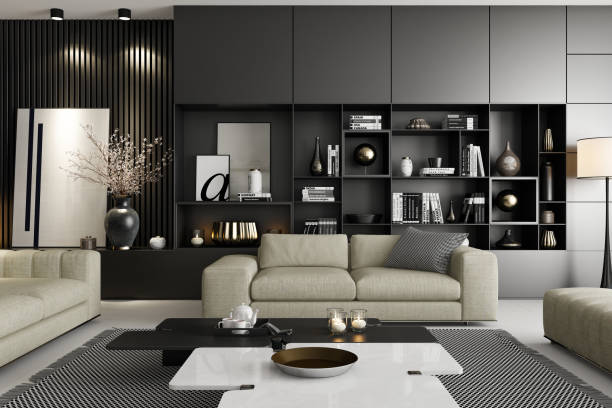 istock Modern Luxury Living Room with Spacious Black Matte Shelves Design 2201972752