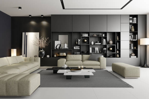 istock Modern Luxury Living Room with Spacious Black Matte Shelves Design 2201972754