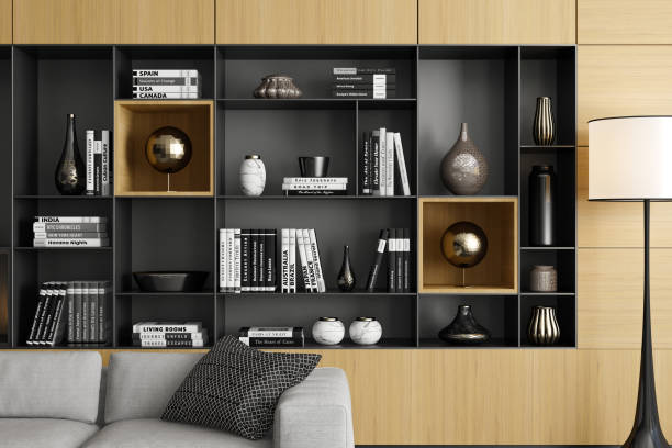 istock Modern Luxury Living Room with Light Pine Wood Accents Shelves and Wall Paneling 2201972764