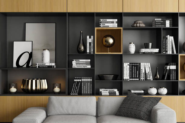istock Modern Luxury Living Room with Light Pine Wood Accents Shelves and Wall Paneling 2201972769