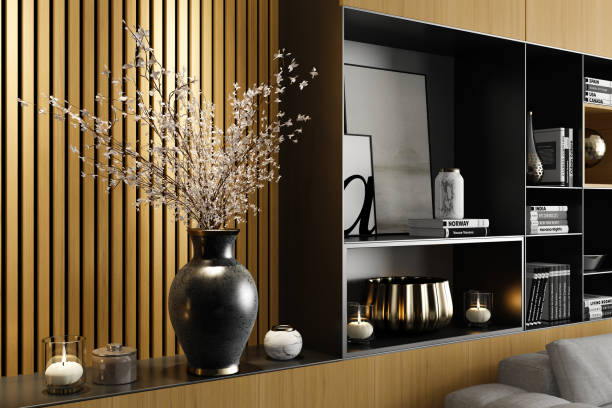 istock Modern Luxury Living Room with Light Pine Wood Accents Shelves and Wall Paneling 2201972776