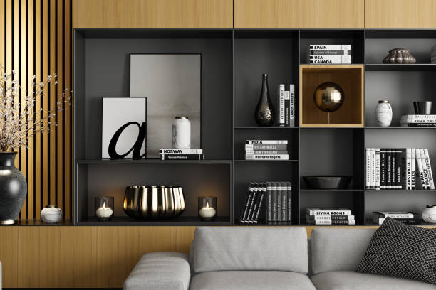 istock Modern Luxury Living Room with Light Pine Wood Accents Shelves and Wall Paneling 2201972778