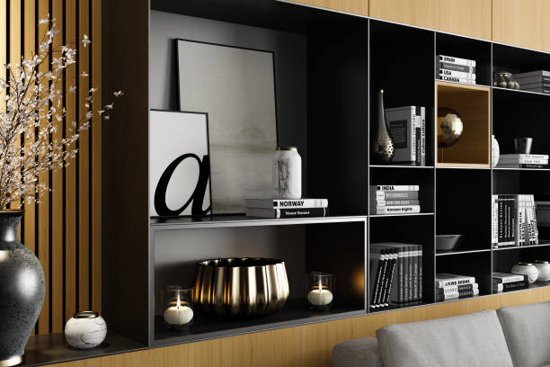 istock Modern Luxury Living Room with Light Pine Wood Accents Shelves and Wall Paneling 2201972799