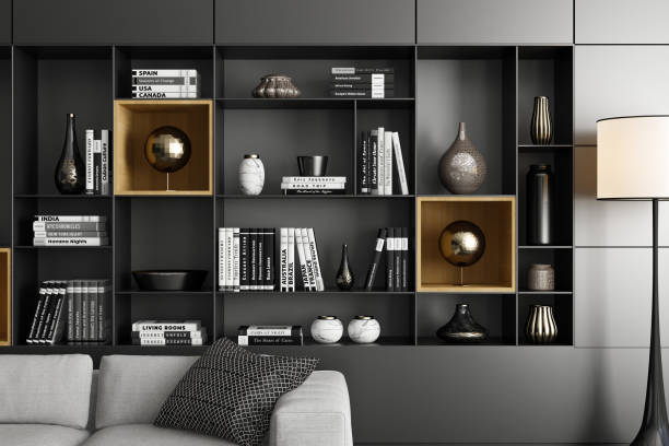 istock Modern Luxury Living Room with Spacious Black Matte Shelves Design 2201972872