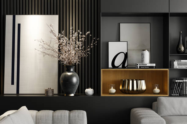 istock Modern Luxury Living Room with Spacious Black Matte Shelves Design 2201972877