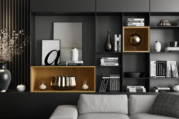 istock Modern Luxury Living Room with Spacious Black Matte Shelves Design 2201972879