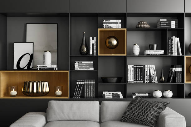 istock Modern Luxury Living Room with Spacious Black Matte Shelves Design 2201972881
