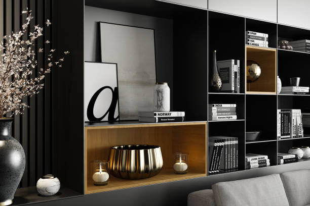 istock Modern Luxury Living Room with Spacious Black Matte Shelves Design 2201972894