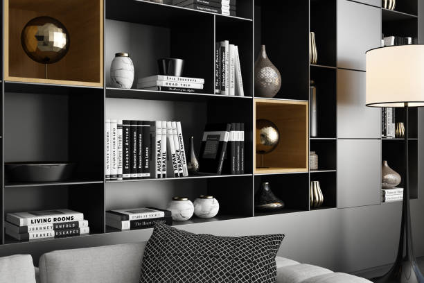 istock Modern Luxury Living Room with Spacious Black Matte Shelves Design 2201972896