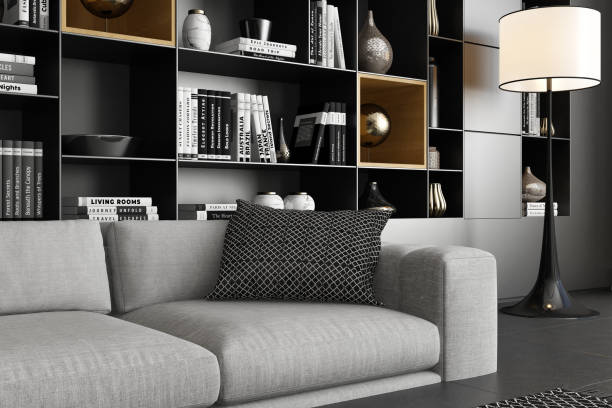 istock Modern Luxury Living Room with Spacious Black Matte Shelves Design 2201972903