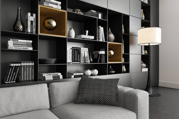 istock Modern Luxury Living Room with Spacious Black Matte Shelves Design 2201972906