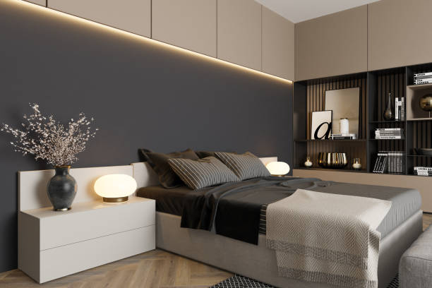 istock Modern Cozy Bedroom with Light Beige and Grey Shelves & LED Lighting 2201973658