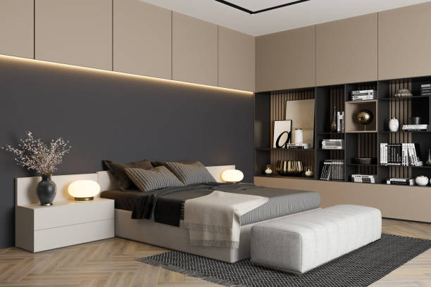 istock Modern Cozy Bedroom with Light Beige and Grey Shelves & LED Lighting 2201973663